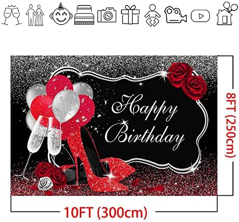 מוצ ' יקה גליטר אדום עקבים גבוהים יום הולדת שמח רקע שחור כסף שמפניה בלוני מסיבת יום הולדת עוגת שולחן תפאורות
