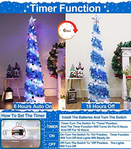 Turnmeon 5 רגל טינסל עץ חג המולד תפאורה 3D STAR 50 אורות צבע LED טיימר טיימר סוללה כדורים מופעלים פייטים