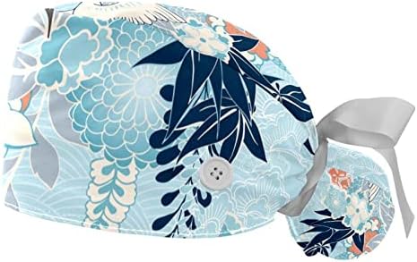 פרחי מנוף יפניים כחולים אסתטיים כובע עבודה מתכוונן עם כפתורים כובע אחורי של סרט אלסטי לנשים