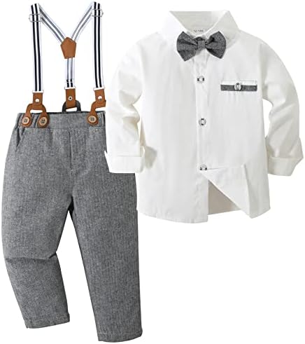 פעוטות נערים ג'נטלמן תלבושות חליפות, סט בגדי מסיבות טוקסידו לתינוקות + מכנסיים מתלה + עניבת פרפר 12 חודשים-5T