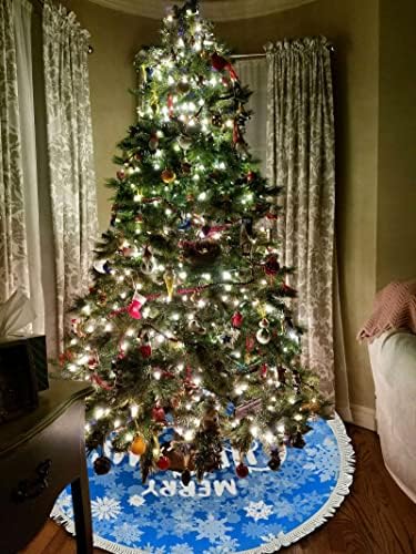 חצאית עץ חג המולד בגודל 48 אינץ 'רטרו חג המולד לבן פתיתי שלג כחול לבן כוכבים חצאית עץ גדולה מחצלת