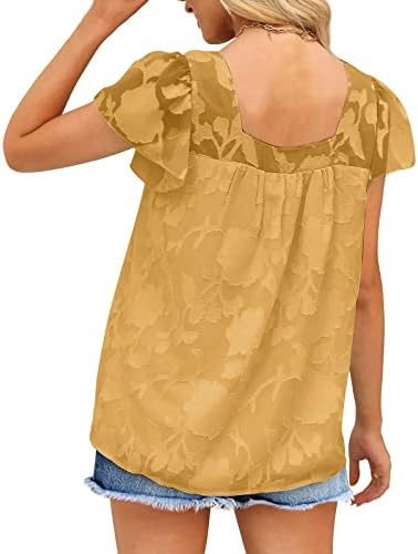 חולצה טרנדית לנשים עם חולצות רשת שרוולי רשת מרובעות שרוולי כובע חולצות צבע אחיד 2023 צמרות לבושות קיץ