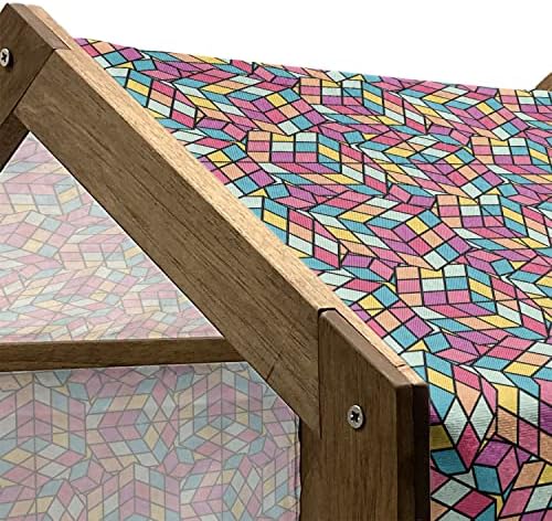 בית חיות מחמד עץ גיאומטרי לונאלי, תבנית קובייה צבעונית עם הרכב עיצוב גרפי דיגיטלי גרפי של ריבועים, מלונה כלבים