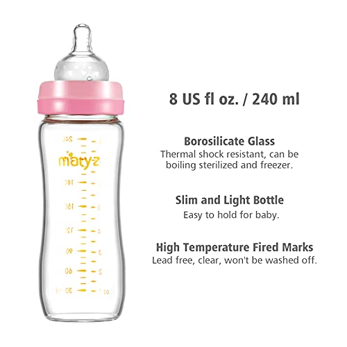 מטיז 8 אונקיה זכוכית תינוק האכלת בקבוק עם פטמה, אור ודק בקבוק קל להחזיק, מזון כיתה בורוסיליקט זכוכית, רחב צוואר