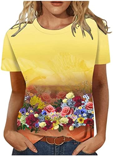 נשים צוות צוואר חולצות פרחוני הדפסת קצר שרוול חולצות רטרו חמוד קיץ תלבושות רופף בכושר רגיל חולצות 2023