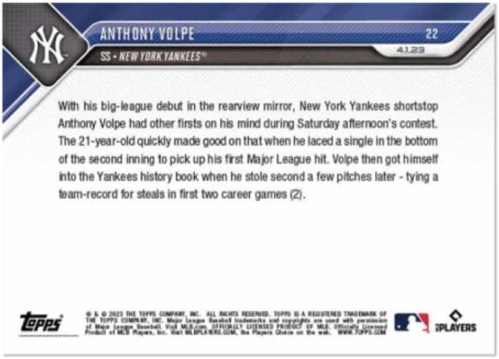 2023 Topps עכשיו בייסבול 22 Anthony Volpe New York Yankees RC טירון 1 מכה בכרטיס מסחר רשמי MLB מקוון