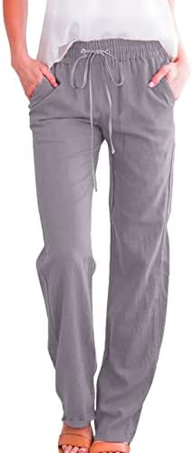 נשים פשתן מכנסיים, מוצק גבוהה מותן ישר רגליים רופף בכושר שרוך פשתן מכנסיים עם כיסים כושר מכנסיים