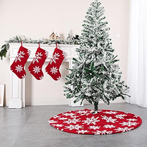 חצאיות עץ חג המולד של Huijie - קישוט מסיבת חג המולד כותנה אדומה קטיפת ג'קארד דפוס פתית שלג חצאית עץ, סידור קישוטים