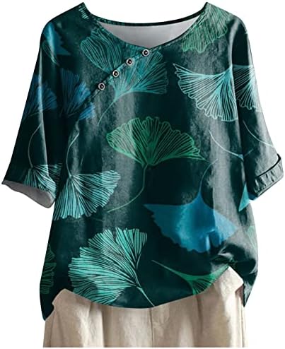 נשים קיץ מקרית חולצות טרנדי פרחוני הדפסת כפתור חולצה עגול צוואר חצי שרוולים חולצה רופף בכושר חולצות