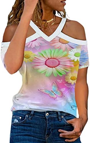 חולצת חולצה של קיץ סתיו לנשים שרוול קצר מהכתף כותנה לאחור ללא חדר גרפי מזדמן.