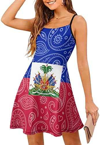 פייזלי והאיטי דגל שמלת כתפיות לנשים ללא שרוולים טנק-שמלת מתכוונן ספגטי מיני שמלה קיצית