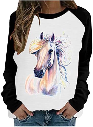 חולצת הדפסת סוסים חמודה לנשים רגלן שרוול ארוך טי טיי מזדמן