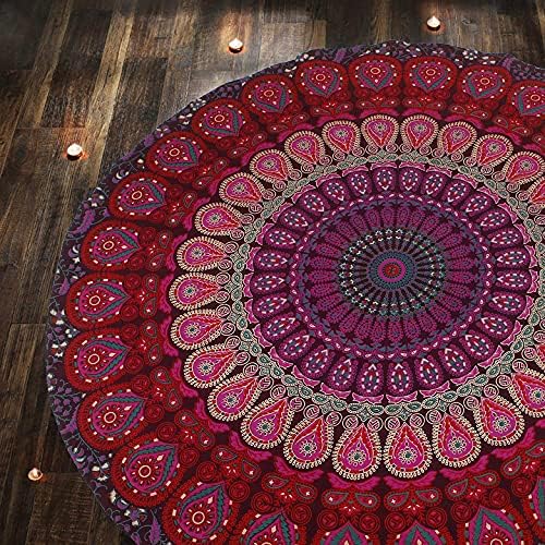 Raajsee סגול עגול שטיח חוף היפי/Boho Beach שמיכה מנדלה עגולה/זריקת כותנה הודית - שולחן עגול/תפאורה בית