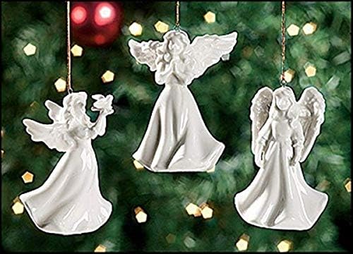 סט מותגים נוצרי של 3 קישוטים של מלאך קרמיקה מגוונים לשימוש עם אורות עצים