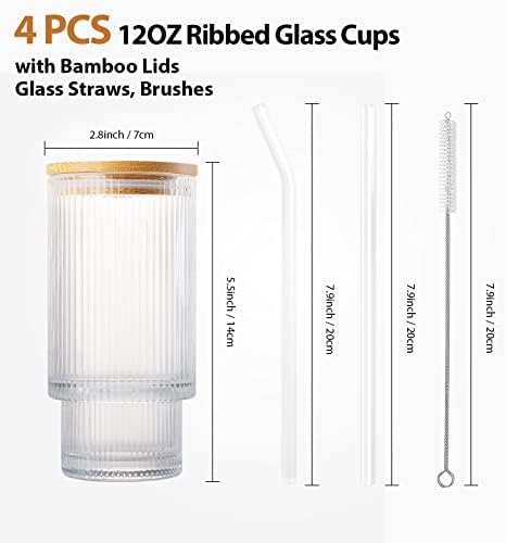 כוסות זכוכית מצולעות דוקמורה עם מכסי במבוק וקשיות זכוכית סט של 4, כלי זכוכית שקופים אדווה וינטג '