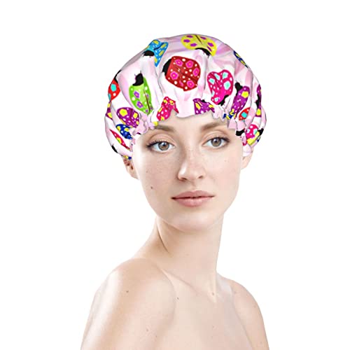 נשים לשימוש חוזר כובע שיער שולי שיער ורוד פרח חיה פרח כפול שכבות כובע אמבטיה מכסה אמבטיה