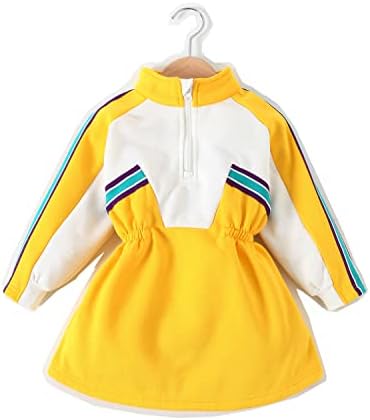 סתיו פעוטות תינוקות תינוקת מזדמנת חצאית ספורט אופנה, ילד סרוג טלאי שרוול ארוך שמלה צהובה שחורה
