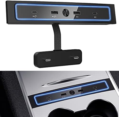 מטען USB משודרג לרכב עבור TESLA דגם 3/Y 2021-2023, 4-in-1 Multiport USB Hub Station עם תאורת LED כחולה עבור