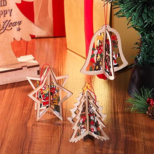 ABOOFAN 9 יחידות חג המולד תליונים תלויים עץ גילוף קישוטים תלויים כוללים חמש כוכבים מחודדים פעמוני עצי חג המולד