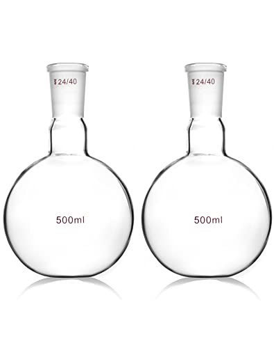 זכוכית קוואק 500 מיליליטר בקבוק רותח תחתון שטוח עם צוואר יחיד, עם מפרק סטנדרטי 24/40, 2 חבילות מנגנון קבלת זיקוק