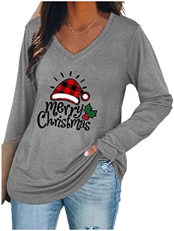 2022 חולצות חג מולד לנשים לבושות שרוול ארוך מזדמן V חולצות צוואר חמוד חג המולד גרפי חמוד רופף