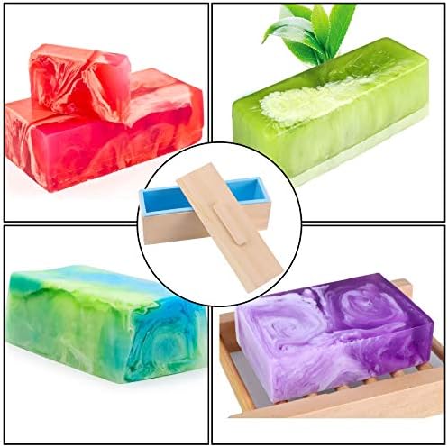 Zeonhei 3 סט 45 גרם תבניות סבון סיליקון כיכר, ייצור סבון מלבני גמיש עם כיסויי עץ מעץ, תבניות סבון להכנת סבון