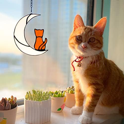 כתום חתול דקור על לבן ירח מוכתם זכוכית חלון תליית חתול זיכרון מתנות עבור חתול אוהבי, טאבי חתול המשתזפת
