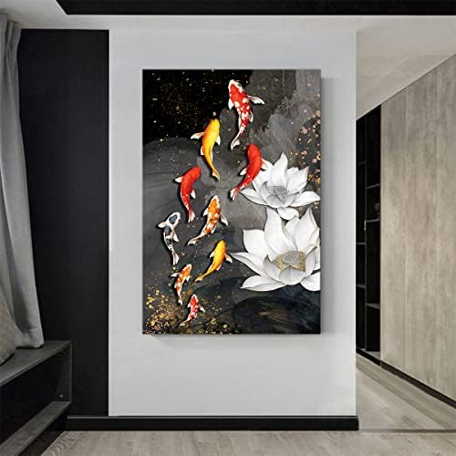 תשע קוי דגים לבן לוטוס תמונות בד ציור והדפסי קיר אמנות תמונות לסלון עיצוב הבית
