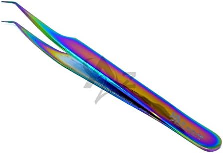 סט של 2 נירוסטה רב -טיטניום צבע קשת צבע תלת מימד סיומת פינצטה פרו זווית ישר + נקודה עדינה מעוקלת