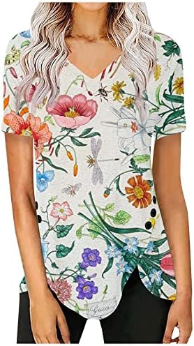 איאסו נשים 2023 קיץ חולצות טריקו מזדמנים עם צווארון שרוול קצר טוניקת חולצות כפתור דקור הדפס פרחוני