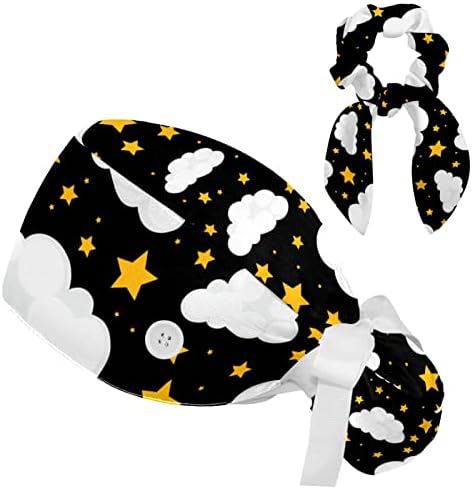 מתכוונן חמוד קריקטורה כוכבים עננים דפוס עם שחור רקע נפוח כובע עם כפתורים לשפשף כובע