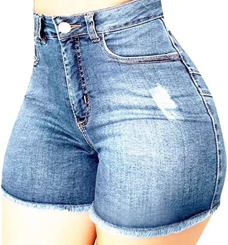 ג 'יינס עם מותניים גבוהים בקיץ קצרים קיץ ריינסטון מגולגל מגולגל מכנסיים קצרים בצבע אחיד מכנסי ג'ין