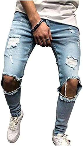 סינזלימין גברים קרע ג 'ינס אופנה לשטוף ג' ינס כפתור רוכסן מכנסיים מטען מזדמן אופנוע אופנוען מכנסיים ישר