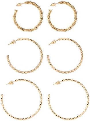 עגילי חישוק מעוותים בוהו, 3 זוגות עגילים עגולים פתוחים בחבל מצופה זהב 14 קראט לילדה ולנשים