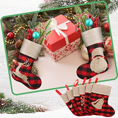 24 יח 'גרבי חג המולד בגודל 8 אינץ' גרבי חג המולד משובצים באפלו אדום ושחור נבדק עם גרבי איילים יוטה לקישוטים למסיבות