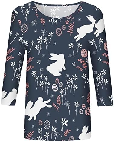 חולצות פסחא של CGGMVCG לנשים 3/4 שרוול ארנב הדפס ביצת ביצה קז'ואנט צווארון שלוש רבע שרוול יום חג