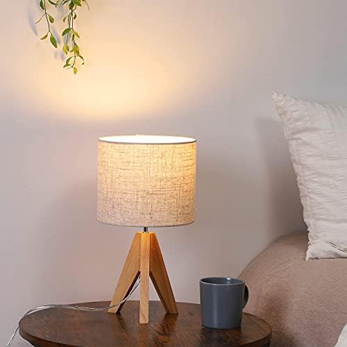 Dewenwils שולחן מיטה שולחן מנורת שולחן מנורה מתג דימר מתג, מנורת שולחן חצובה עץ עם צל פשתן, לפנסי LED/CFL לעומק