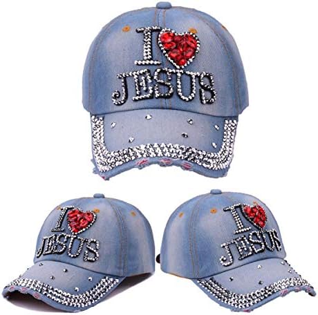 QueenBox אני אוהב את כובע הבייסבול של ישו, ריינסטון שטף כובע קאובוי כובע בלינג מתכוונן, ישוע המשיח