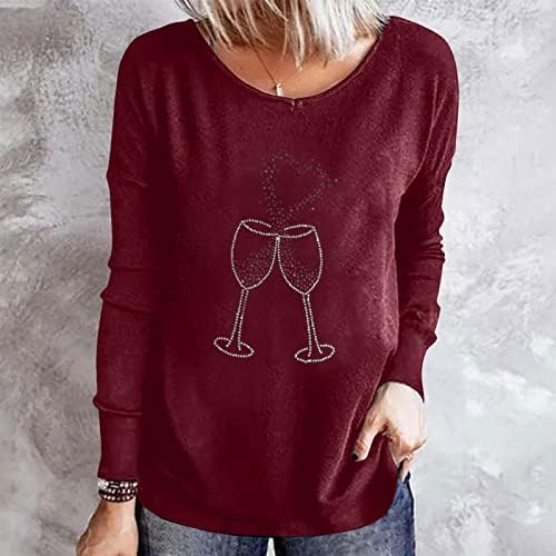 חולצת טי אדומה של זכוכית יין לנשים שרוול ארוך אהבה הדפס גרפי חולצה מזדמנת חולצה מתנה ליום האהבה