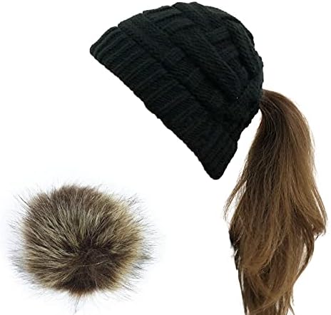 כובעי כפה של קוקו של Voastek לנשים, כובעים סרוגים בחורף פום פום כובע כפה בלחנה מבולגנת עם חור קוקו