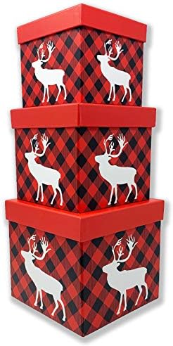 קופסאות מתנה לקינון חג המולד בדקו את הבופלו משובץ לעטיפת מתנות ועיצוב מסיבות חג מדיום, סט קטן של 3