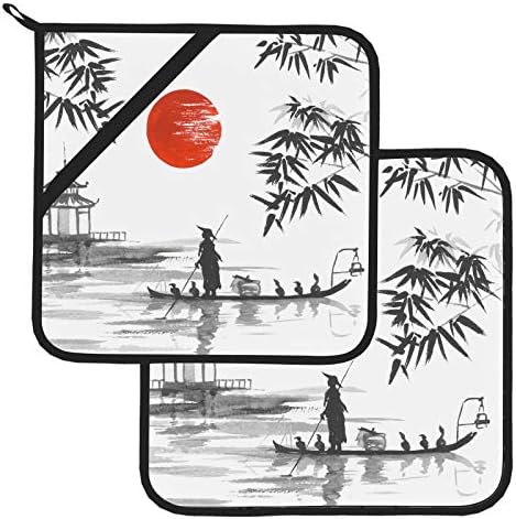 יפן ציור יפני מסורתי סאמי אמנות תותחים למטבחים מחזיקי סיר עמידים בחום עם כיסים 2 מחזיק סיר PCS סט 8