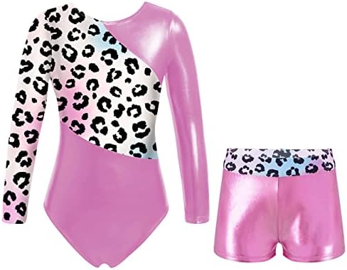 בנות יארטינה 2 מחשבים התעמלות תלבושת מתכתית של שרוול ארוך בלט עם בלט עם מכנסי ריקוד BikeTard