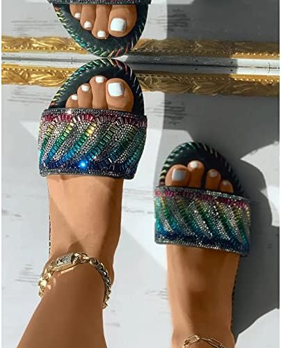 נשים שטוח סנדלי קיץ ריינסטון חרוזים שמלת נעליים נוח קריסטל כפכפים להחליק על שקופיות רומי סנדלי טיולים