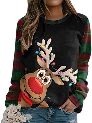 חולצות חג מולד לנשים צמרות חג מולד לנשים איילים חמודים הדפסים מזדמנים שרוול רופף שרוול ארוך סוודרים סוודרים סווטשירטים