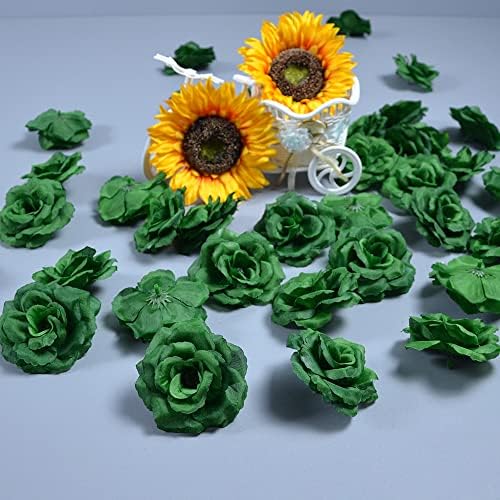 פרחי ראש ורד פרחים נצחיים עם גבעול, 50 פרחים מלאכותיים ירוקים כהים, המשמשים לקישוט חתונה פרחים בעבודת יד DIY