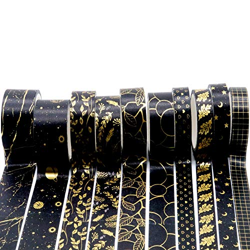 ויילין 10 לחמניות שחור זהב וואשי קלטת, פרימיום מעורב גודל דקורטיבי מיסוך קלטת עבור שירבוטים כתב עת