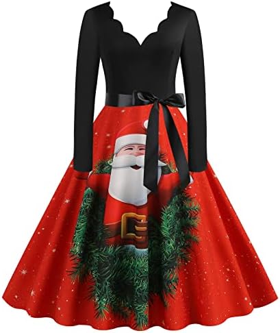 שמלת חג המולד לנשים 1950 בציר מסולסל צווארון נשף מסיבת קוקטייל שמלת קריקטורה הדפסת אונליין נדנדה