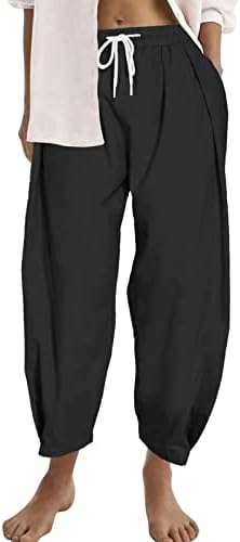 מכנסי פשתן כותנה של מכנסי טרנינג בצבע אחיד מזדמנים מכנסיים רופפים חגורה אלסטית מכנסיים מכנסיים ארוכים עם כיסים