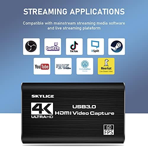 כרטיס לכידת Skylige, 4K HDMI Audio Chautcation כרטיס לכידת לולאה, 1080p 60FPS משחק התקן סטרימינג חי למתג Nintendo/PS4/Xbox
